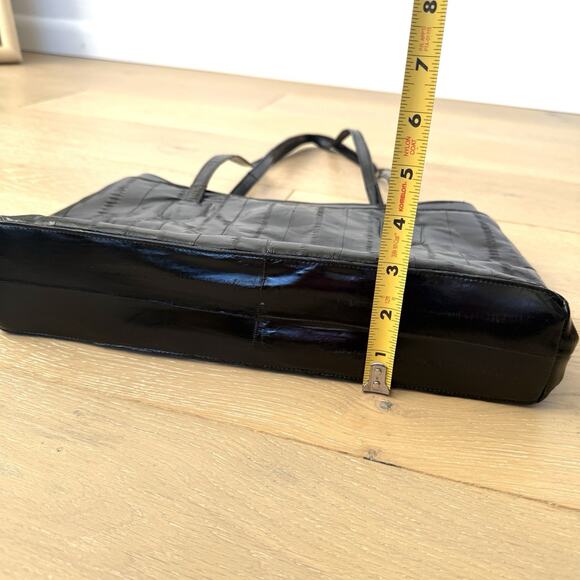 Vintage Genuine Eel Skin Leather glossy ribbed Black Shoulder Bag Purse - Picture 6 of 8